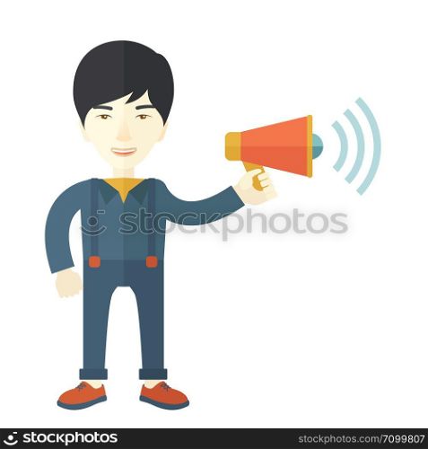 A businessman in the field holding a megaphone use to communicate with his employee. A Contemporary style. Vector flat design illustration isolated white background. Square layout. Businessman in the field holding a megaphone.