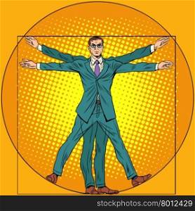 A businessman in the style of Vitruvian man. pop art retro style. Homo vitruviano. Vitruvian Man.. businessman Vitruvian man
