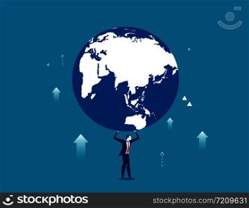 A businessman is holding up globe. Concept business illustration. Vector business metaphor flat.. A businessman is holding up globe. Concept business illustration. Vector business metaphor flat.