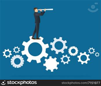 a businessman looks through a telescope standing on gears icon