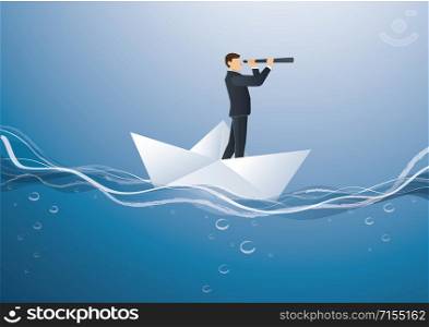 A businessman looks through a telescope standing on paper boat vector, business concept illustration