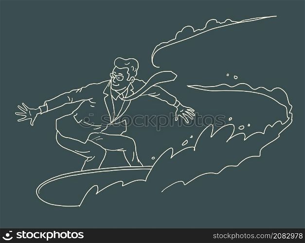 a businessman man on a water board is engaged in surfing, speed and summer sports. Comic Cartoon Kitsch Vintage Hand Drawing Illustration. a businessman man on a water board is engaged in surfing, speed and summer sports