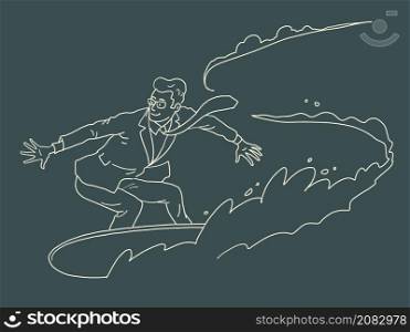 a businessman man on a water board is engaged in surfing, speed and summer sports. Comic Cartoon Kitsch Vintage Hand Drawing Illustration. a businessman man on a water board is engaged in surfing, speed and summer sports