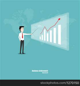 A businessman pointing at a monitor with a graph showing the symbol of business growth. Marketing startup. Career. Achievement. Vector illustration flat design