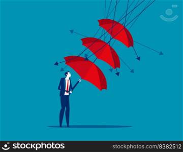 A businessman reflect low graph with umbrella
