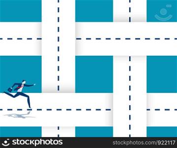 A businessman running intertwining roads. Concept business success illustration. Vector cartoon character and abstract flat