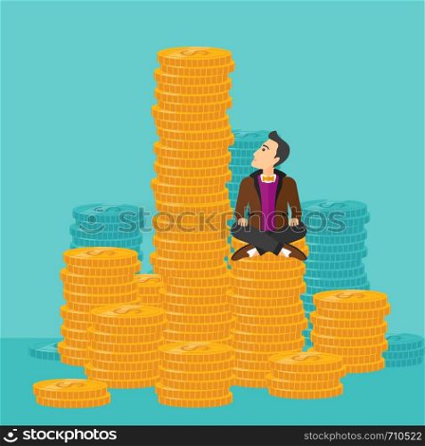 A businessman sitting on stack of golden coins and looking up to the biggest one on a blue background vector flat design illustration. Square layout.. Businessman sitting on gold.