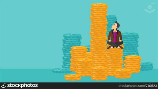 A businessman sitting on stack of golden coins and looking up to the biggest one on a blue background vector flat design illustration. Horizontal layout.. Businessman sitting on gold.