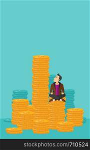 A businessman sitting on stack of golden coins and looking up to the biggest one on a blue background vector flat design illustration. Vertical layout.. Businessman sitting on gold.