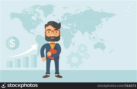 A businessman standing holding his organizer with map at his back planning to travel other country to invest. Planning, investment concept. A contemporary style with pastel palette, soft blue tinted background. Vector flat design illustration. Horizontal layout. . Businessman planning to travel.