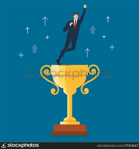 a businessman standing on the trophy vector illustration