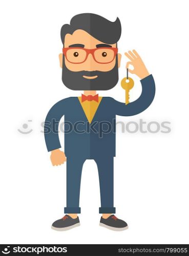 A Businessman standing while holding a Golden key. A Contemporary style. Vector flat design illustration isolated white background. Vertical layout. Business man holding a Golden key.