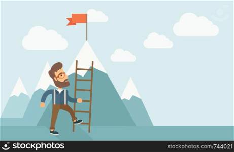 A businessman standing while holding the career ladder getting the red flag his reach his goal to be a successful businessman. Leadership concept. A contemporary style with pastel palette soft blue tinted background with desaturated clouds. Vector flat design illustration. Horizontal layout.. Man with a ladder.