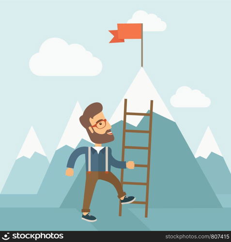 A businessman standing while holding the career ladder getting the red flag his reach his goal to be a successful businessman. Leadership concept. A contemporary style with pastel palette soft blue tinted background with desaturated clouds. Vector flat design illustration. Square layout. . Man with a ladder.