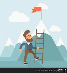 A businessman standing while holding the career ladder getting the red flag his reach his goal to be a successful businessman. Leadership concept. A contemporary style with pastel palette soft blue tinted background with desaturated clouds. Vector flat design illustration. Square layout. . Man with a ladder.