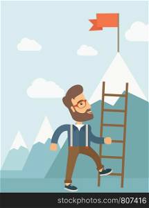 A businessman standing while holding the career ladder getting the red flag his reach his goal to be a successful businessman. Leadership concept. A contemporary style with pastel palette soft blue tinted background with desaturated clouds. Vector flat design illustration. Vedrtical layout.. Man with a ladder.