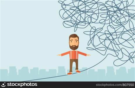 A Businessman walking on a long rope at risk but still very far to reach the goal. Determination concept. A Contemporary style with pastel palette, soft blue tinted background. Vector flat design illustration. Horizontal layout with text space in left side. . Businessman walking on rope at risk.