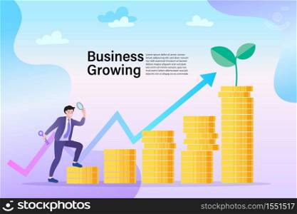 A businessman walking up a pile of coins into a graph The top is a tree. concept of money and business growth. design vector illustration.