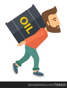 A businessman walking while carrying a heavy barrel of oil for delivery. A Contemporary style. Vector flat design illustration isolated white background. Vertical layout. Businessman carrying barrel of oil.