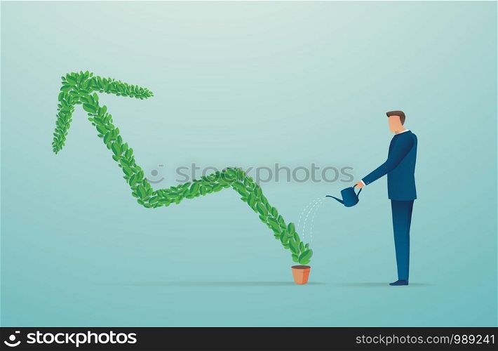 a businessman watering green arrow plant. vector illustration EPS10