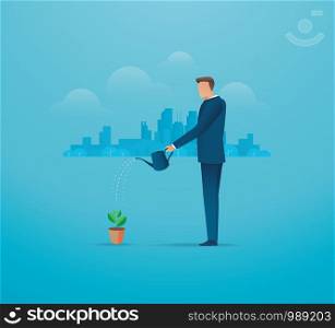 a businessman watering young plant. vector illustration EPS10
