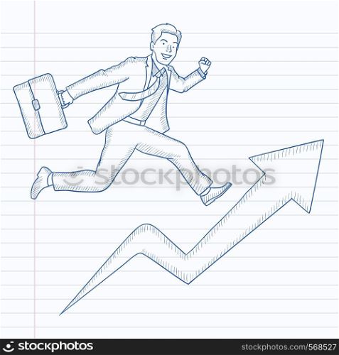 A businessman with a briefcase running on arrow going upwards. Hand drawn vector sketch illustration. Notebook paper in line background.. Man running on arrow going upwards.