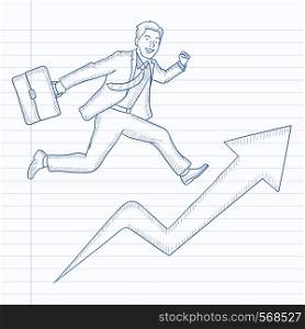 A businessman with a briefcase running on arrow going upwards. Hand drawn vector sketch illustration. Notebook paper in line background.. Man running on arrow going upwards.