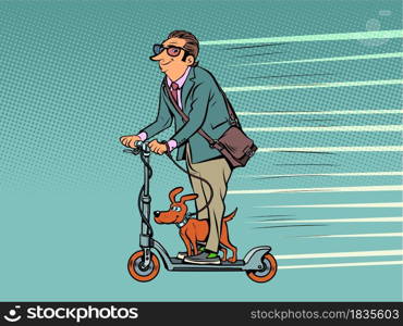 a businessman with a dog rides on an electric scooter. alternative green ecological urban transport. Pets. Comic cartoon vintage 50s 60s style hand drawing. a businessman with a dog rides on an electric scooter. alternative green ecological urban transport. Pets