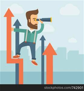 A businessman with beard stand on top of graph arrow using his telescope looking how high he is. Business success, self development concept. A Contemporary style with pastel palette, soft blue tinted background with desaturated clouds. Vector flat design illustration. Square layout. . Successful businessman