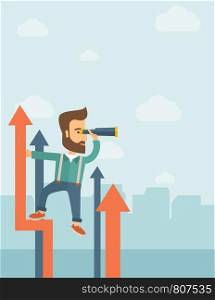 A businessman with beard stand on top of graph arrow using his telescope looking how high he is. Business success, self development concept. A Contemporary style with pastel palette, soft blue tinted background with desaturated clouds. Vector flat design illustration. Vertical layout.. Successful businessman