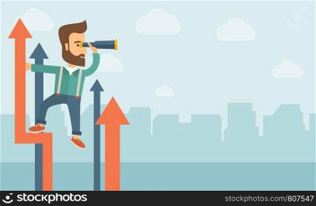 A businessman with beard stand on top of graph arrow using his telescope looking how high he is. Business success, self development concept. A Contemporary style with pastel palette, soft blue tinted background with desaturated clouds. Vector flat design illustration. Horizontal layout.. Successful businessman