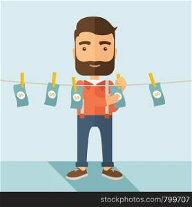 A businessman with beard standing hanging his money has a financial problem. He enter into money laundering business. Bankruptcy concept. A contemporary style with pastel palette soft blue tinted background. Vector flat design illustration. Square layout. . Man in money laundering business