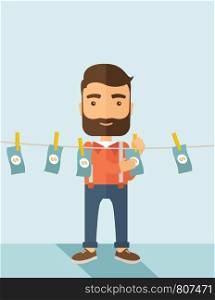 A businessman with beard standing hanging his money has a financial problem. He enter into money laundering business. Bankruptcy concept. A contemporary style with pastel palette soft blue tinted background. Vector flat design illustration. Vertical layout with text space on top part. . Man in money laundering business