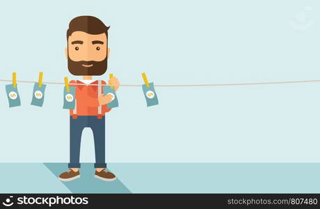 A businessman with beard standing hanging his money has a financial problem. He enter into money laundering business. Bankruptcy concept. A contemporary style with pastel palette soft blue tinted background. Vector flat design illustration. Horizontal layout with text space in right side. . Man in money laundering business