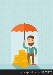 A businessman with beard standing holding umbrella protecting his money to investments, money risk management. Saving money for any storm problem will come. Business concept.A contemporary style with pastel palette soft blue tinted background. Vector flat design illustration. Vertical layout. . Businessman with umbrella