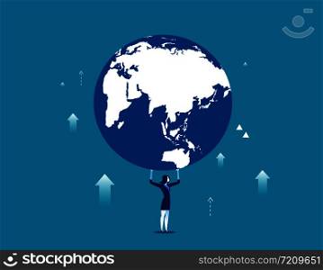 A businesswoman is holding up globe. Concept business illustration. Vector business metaphor flat.. A businesswoman is holding up globe. Concept business illustration. Vector business metaphor flat.
