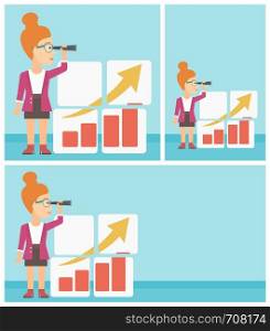 A businesswoman looking through a spyglass at chart. Woman searching the opportunities for business growth. Business growth, vision concept. Business vector flat design illustration in the circle.. Woman searching opportunities for business growth.