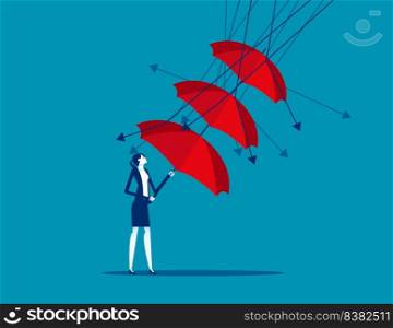 A businesswoman reflect low graph with umbrella