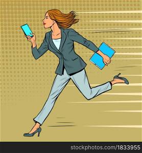 a businesswoman runs with a smartphone. Modern woman at work. Pop art retro vector illustration kitsch vintage 50s 60s style. a businesswoman runs with a smartphone. Modern woman at work