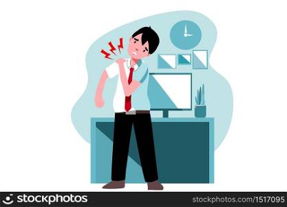 a bussiness man is touching on his shoulder because of painful while working in the office. Illustration of office syndrome symptoms.