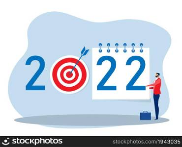 a calendar plan goal 2022 ,A businessman tears off a calendar sheet of the outgoing year. Parting with coming year. Vector illustration flat design.