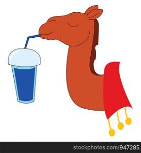A camel enjoying the shake in a straw with its eyes closed , vector, color drawing or illustration.