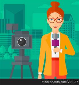 A camera filming and a reporter standing with a microphone on a city background vector flat design illustration. Square layout.. TV reporter working.