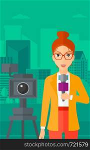 A camera filming and a reporter standing with a microphone on a city background vector flat design illustration. Vertical layout.. TV reporter working.