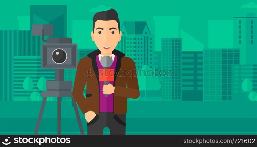 A camera filming and a reporter standing with a microphone on a city background vector flat design illustration. Horizontal layout.. TV reporter working.