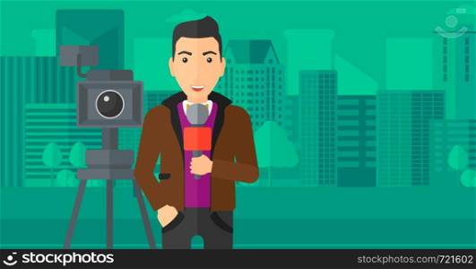 A camera filming and a reporter standing with a microphone on a city background vector flat design illustration. Horizontal layout.. TV reporter working.