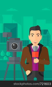 A camera filming and a reporter standing with a microphone on a city background vector flat design illustration. Vertical layout.. TV reporter working.