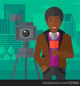 A camera filming and an african-american reporter standing with a microphone on a city background vector flat design illustration. Square layout.. TV reporter working.