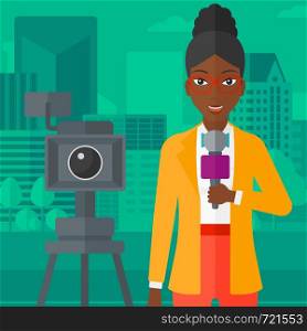 A camera filming and an african-american reporter standing with a microphone on a city background vector flat design illustration. Square layout.. TV reporter working.