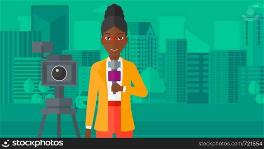 A camera filming and an african-american reporter standing with a microphone on a city background vector flat design illustration. Horizontal layout.. TV reporter working.